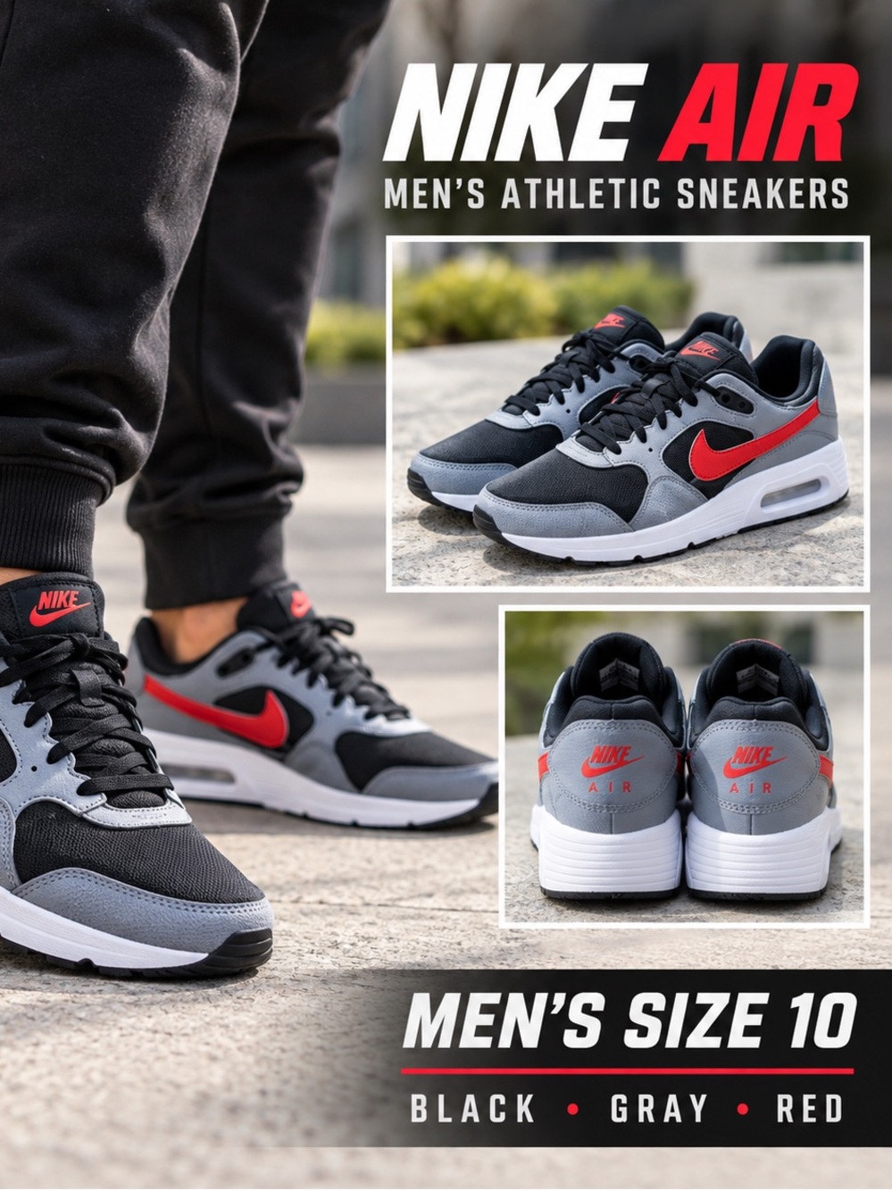 Nike Men's Black and Gray Athletic Sneakers with Red Swoosh Men’s Size 10